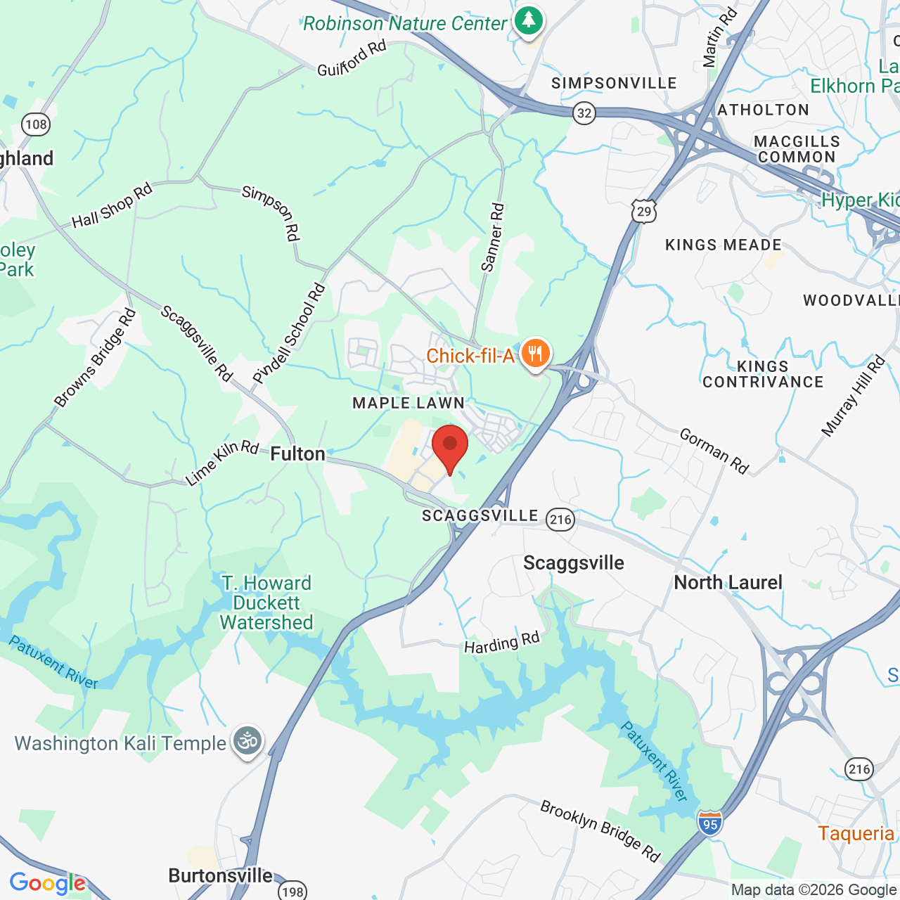Google map image of our location in 8161 Maple Lawn Boulevard Fulton, MD